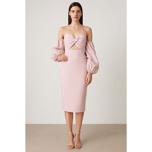 ASILIO‎ Candy Eyed Dress Pink White Striped Off Shoulder Cutout Puff Sleeve US 4